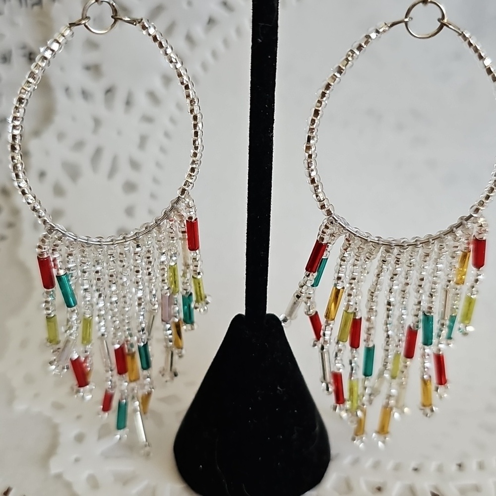 Silver Multicolor Beaded Dangle Earrings